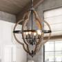 Wood and Metal Chandelier Square 6-Light Adjustable Height Ceiling Pendant Light Dining Room Lighting Fixtures Hanging，Living Room Light ,Kitchen Chandelier UL Listed
