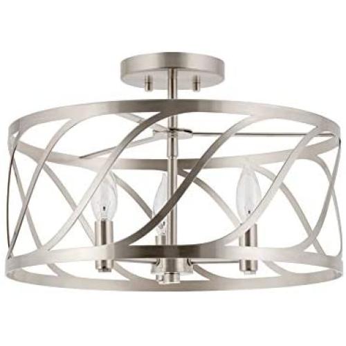 Kira Home Isabelle 16'' 3-Light Modern Semi-Flush Mount Ceiling Light, Metal Drum Shade, Brushed Nickel Finish