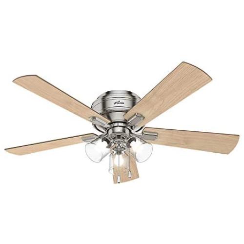 HUNTER 54209 Crestfield Indoor Low Profile Ceiling Fan with LED Light and Pull Chain Control, 52'', Brushed Nickel