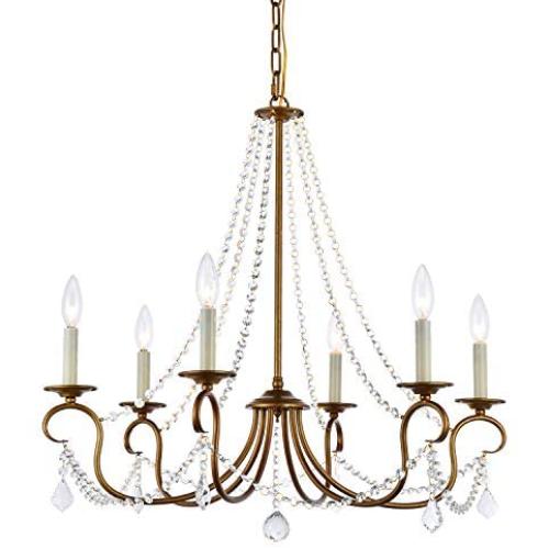 A1A9 Modern 6 Light Candle Style Chandelier with Crystal Accents, Simple Classic/Traditional Pendant Light, Kitchen Island Ceiling Light Fixtuer for Entryway, Hallway, Dining Room and Foyer (Gold)