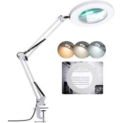 LANCOSC Magnifying Desk Lamp, 8 Diopter, 5X Real Glass Lens, 3 Color Modes, Stepless Dimmable, Adjustable Swivel Arm with Clamp, LED Magnifier Light and Stand for Crafts, Reading, Close Work - White