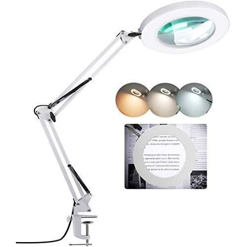 LANCOSC Magnifying Desk Lamp, 8 Diopter, 5X Real Glass Lens, 3 Color Modes, Stepless Dimmable, Adjustable Swivel Arm with Clamp, LED Magnifier Light and Stand for Crafts, Reading, Close Work - White