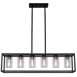 Sivilynus Black Chandelier Dining Room Lighting Fixtures Hanging Black 6 Light Farmhouse Kitchen Island Cage with Glass Shade Adjustable Rods Industrial Rustic Ceiling Pendant Lighting