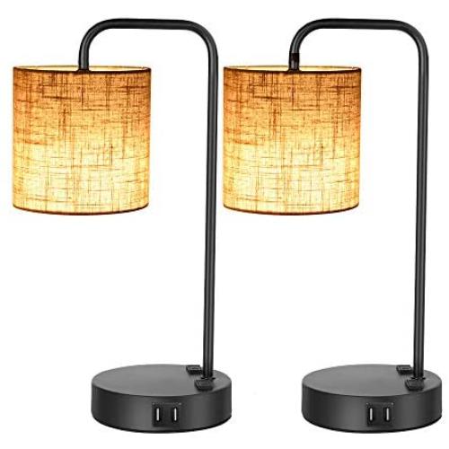 Nightstand Lamps for Bedrooms Set of 2, FUJIWAY 3 Way Dimmable Touch Bedside Table Lamps with Dual USB Ports & AC Power Outlets Industrial Reading Lamp Eye-Caring Fabric Shade 5W Bulbs Included