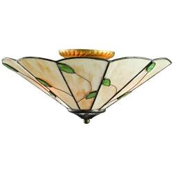 RUNNUP Tiffany Style Flush Mount Ceiling Light Minimalist Green Leaf Decoration Stained Glass Ceiling Light for Living Room,Corridor,Bedroom,Restaurant 15inch