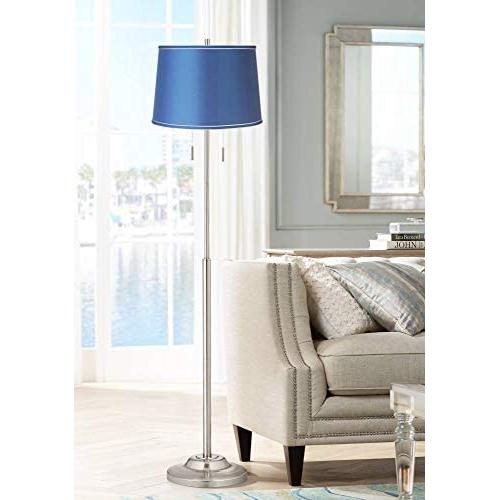 Abba Modern Floor Lamp Brushed Steel Metal Medium Blue Satin Drum Shade for Living Room Reading Bedroom Office - 360 Lighting