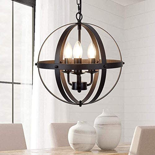 DLLT Vintage Pendant Hanging Light, Flush Mount Ceiling Chandelier Lamp with Metal Spherical Shade for Kitchen, Dining Room, Living Room, Hallway, Bedroom, Entryway 3-Light, E12 Base-Matte Black