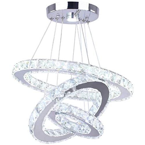 Winretro Modern DIY Crystal LED Chandelier Light Fixture 3 Rings Round Pendant Lighting Adjustable Stainless Steel Ceiling Lamp for Living Room Dining Room Bedroom(Cold White)