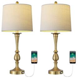 Oneach USB Table Lamp Set of 2 for Bedroom 25'' Modern Bedside Desk Lamp with USB Port for Living Room Coffee Table Antique Brass