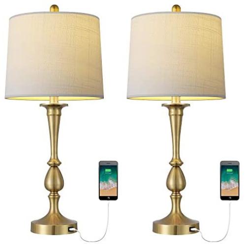 Oneach USB Table Lamp Set of 2 for Bedroom 25'' Modern Bedside Desk Lamp with USB Port for Living Room Coffee Table Antique Brass