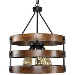 PUZHI HOME Farmhouse Chandeliers 5 Lights Kitchen Island Pendant Lighting Fixture Circular Wood Chandeliers Industrial Metal Retro Pendant Lights for Dining Room Kitchen