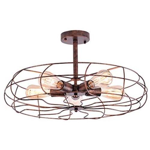 Industrial Vintage Semi Flush Mounted Ceiling Light -LITFAD 21'' Chandelier Barn Metal Pendant Light Chandelier with 5 Lights Hanging Lamp Metal Cage Fixture for Restaurant Lighting Bar Farmhouse Rust