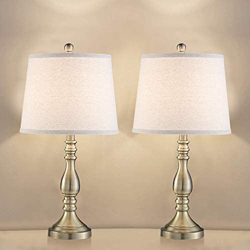 Modern Table Lamps Set of 2, Gold Metal Bedside Nightstand & Side Table Lamps with Beige Drum Shade, Bedside Lamp for Living Room Bedroom Study Office, Pack of 2(Gold)