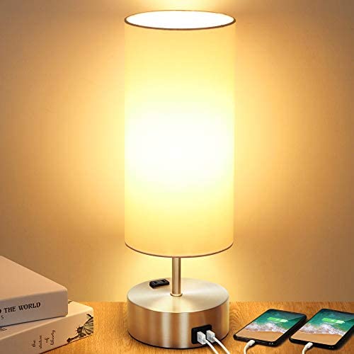 3-way Touch Control Table Lamp with 2 Fast Charging USB Ports and Power Outlet, Dimmable Lamp Modern Bedside Lamp Nightstand Lamp for Bedroom Living Room Office Reading, 60W LED Bulb Included (Silver)