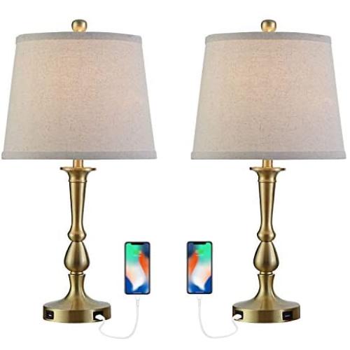 Table Lamp Set of 2, Vintage USB Table Lamps with Beige Drum Shade, 22” Metal Bedside Nightstand Lamps for Bedroom, Living Room, Brass Finish