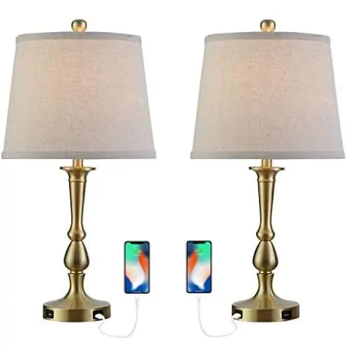 Table Lamp Set of 2, Vintage USB Table Lamps with Beige Drum Shade, 22” Metal Bedside Nightstand Lamps for Bedroom, Living Room, Brass Finish