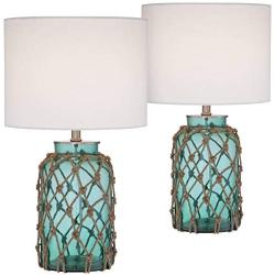 Crosby Cottage Nautical Accent Table Lamps Set of 2 Coastal Blue Green Rope Net Off White Drum Shade Decor for Living Room Bedroom House Bedside Nightstand Home Office Family - 360 Lighting