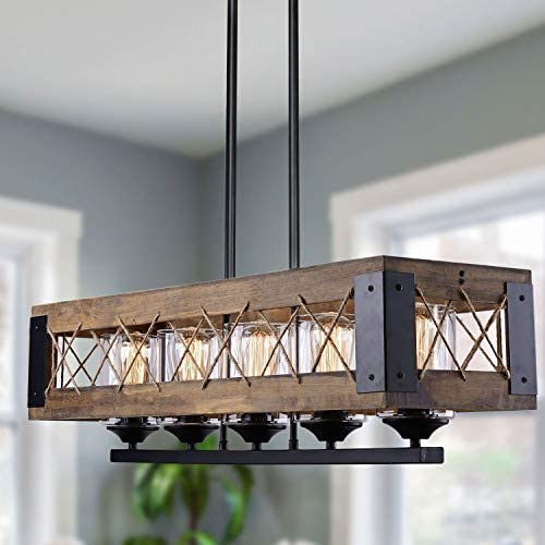 Farmhouse Chandelier, 32” Kitchen Island Lighting in Rustic Wood and Metal for Dining & Living Room, Foyer, Pool Table Room