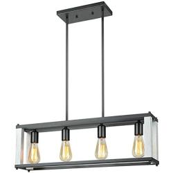 T&A Farmhouse 4-Light Kitchen Island Light, Industrial Rectangular Dining Room Chandeliers with Matte Black and Wood White Metal Frame