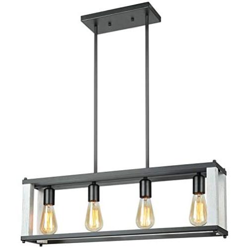 T&A Farmhouse 4-Light Kitchen Island Light, Industrial Rectangular Dining Room Chandeliers with Matte Black and Wood White Metal Frame