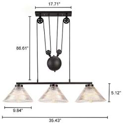 KWOKING Lighting Industrial Pulley Pendant Light Vintage 3 Lights with Pleated Frosted Glass Shade Adjustable Barn Hanging Lamp for Living Room,Dining Room,Farmhouse