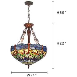 Capulina Tiffany Hanging Lamp, Large Dragonfly Stained Glass Lamps, Tiffany Pendant Lighting, 4-Light Hanging Tiffany Lamp, W21'' Wide Tiffany Dining Room Light, Hanging Light