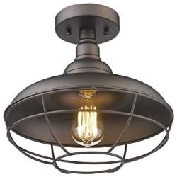 Emliviar Industrial Semi Flush Mounted Ceiling Light Fixture, 12'' Farmhouse Lighting Rustic Metal Cage Light, Oil Rubbed Bronze, 50007-SF