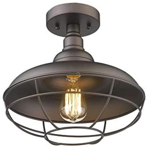 Emliviar Industrial Semi Flush Mounted Ceiling Light Fixture, 12'' Farmhouse Lighting Rustic Metal Cage Light, Oil Rubbed Bronze, 50007-SF Emliviar Industrial Semi Flush Mounted Ceiling Light Fixture, 12'' Farmhouse Lighting Rustic Metal Cage Light, Oil Rubbed Bronze, 50007-SF
