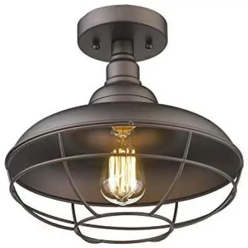 Emliviar Industrial Semi Flush Mounted Ceiling Light Fixture, 12'' Farmhouse Lighting Rustic Metal Cage Light, Oil Rubbed Bronze, 50007-SF