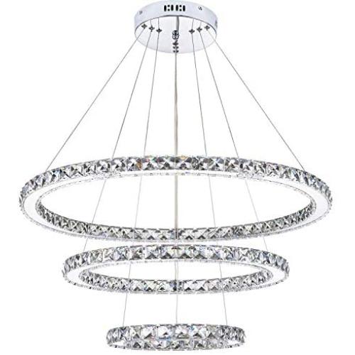KROSON Crystal Chandelier Modern Led Chandelier Dining Room and Bedroom Chandelier Foyer Lighting Adjustable Ceiling Pendant Lighting Cool White 3 Rings Chandeliers