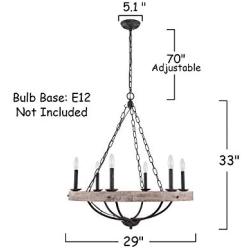 Farmhouse Rustic 6-Light Candle Wooden Chandelier, Cottage Wooden Iron Light Fixture Wood Pendant Ceiling Light for Dining Room, Living Room, Foyer, Hall, Restaurant - Burlywood