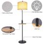 Modern Floor Lamp with Table, LED Minimalist Floor Lamp with USB Ports, AC Outlet and Wood Tray, 9W LED Bulb Included, Linen Fabric Lampshade Standing Lamp Suitable for Living Room, Bedroom, Office
