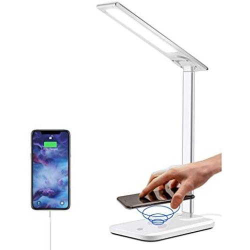 GSBLUNIE LED Desk Lamp with Wireless Charger,Dimmable Office Lamp with USB Charging Port,Wireless Charging,Touch Control,3 Lighting Modes 6 Brightness Levels,Eye-Caring Table Lamp for Studying,Working