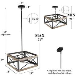 GEPOW Farmhouse Cage Chandelier, Rustic Wood Square 4 Light Fixture for Dining Room, Living Room, Bedroom, Foyer and Kitchen Island