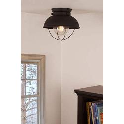 Kira Home Bayside 11'' Nautical Farmhouse Flush Mount Ceiling Light + Seeded Glass Shade, Matte Black Finish