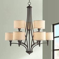 La Pointe Oil Rubbed Bronze Chandelier 30 1/2'' Wide Industrial Linen Shade 9-Light Fixture for Dining Room House Foyer Kitchen Island Entryway Bedroom Living Room - Franklin Iron Works