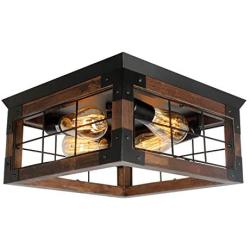 JHLBYL Farmhouse Wood Flush Mount Ceiling Light,Black Metal Rustic Close to Ceiling Lighting Industrial Square Wire Cage Ceiling Light Fixture with 4 E26 Blub Socket for Farmhouse Kitchen Dining Room