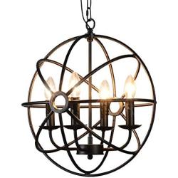 Metal Round Cage Pendant Lights - BAYCHEER Industrial Vintage Retro Black Iron Global Pendant Lamp Fixture Hanging Lighting Chandelier with 4 E12 Blub Bases for Restaurant,Bar,Living Room,UL Listed