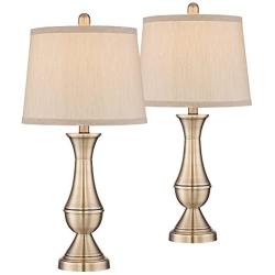 Becky Traditional Table Lamps Set of 2 Antique Brass Metal Beige Drum Shade for Living Room Family Bedroom Bedside Office - Regency Hill