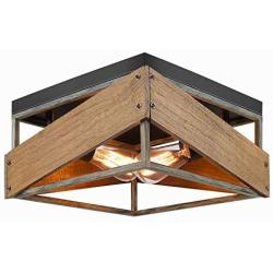 Rustic Flush Mount Ceiling Light Fixture, 2-Light Metal and Solid Wood Square Industrial Ceiling Lighting Fixtures for Farmhouse Hallway Living Dining Room Bedroom Kitchen Balcony Entryway