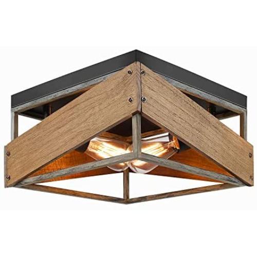 Rustic Flush Mount Ceiling Light Fixture, 2-Light Metal and Solid Wood Square Industrial Ceiling Lighting Fixtures for Farmhouse Hallway Living Dining Room Bedroom Kitchen Balcony Entryway