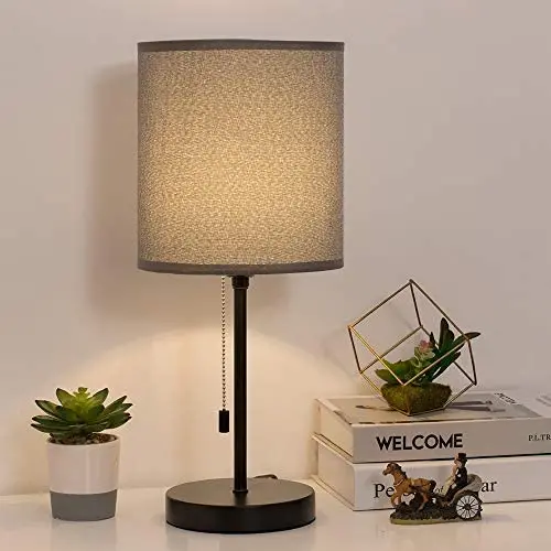 HAITRAL Bedside Table Lamp - Minimalist Desk Lamp with Fabric Shade and Pull Chain Switch Simple Modern Nightstand Lamp for Living Room, College Dorm, Bedroom - Grey (HT-TH103-15)