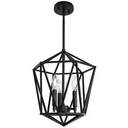 VINLUZ 3 Light Industrial Farmhouse Chandeliers Black Metal Geometric Lantern Pendant Lighting Adjustable Height, Candle-Style Hanging Light Fixtures Ceiling for Dining Room Kitchen Entryway Stairway