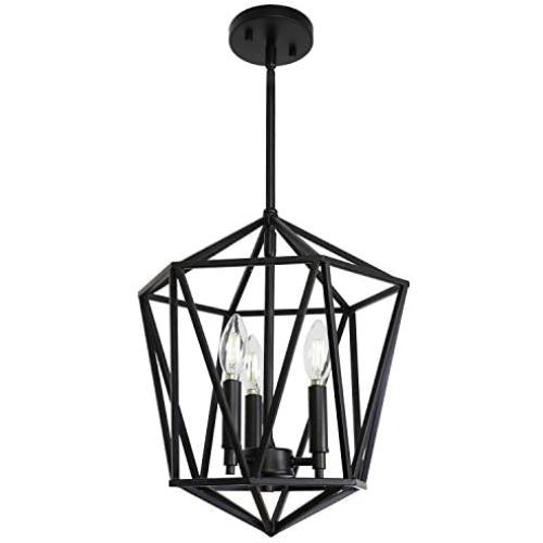 VINLUZ 3 Light Industrial Farmhouse Chandeliers Black Metal Geometric Lantern Pendant Lighting Adjustable Height, Candle-Style Hanging Light Fixtures Ceiling for Dining Room Kitchen Entryway Stairway