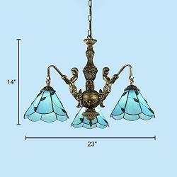 KWOKING Lighting Tiffany Hanging Lamp Mermaid Design 3 Lights Vintage-Style Chandelier Light with Stained Glass Lampshade 23'' Width Dining Room Light in Blue