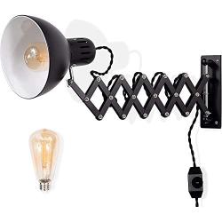 YALTOL Country Style Industrial Appearance, Adjustable Wall, Reading Task, Multi-Function Lamp, Swing Arm, Scissors, Extendable Accordion Type, Edison Bulb