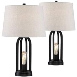 Marcel Modern Industrial Black Table Lamps Set of 2 with Nightlight LED USB Port Linen Shade for Living Room Bedroom - 360 Lighting