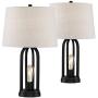 Marcel Modern Industrial Black Table Lamps Set of 2 with Nightlight LED USB Port Linen Shade for Living Room Bedroom - 360 Lighting