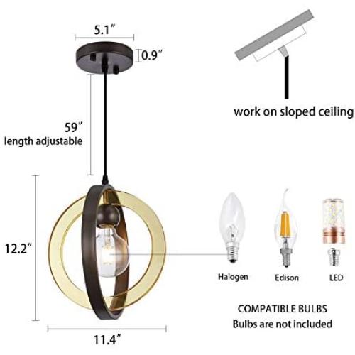 1-Light Modern Mini Pendant Light Globe, Small Chandelier with Acrylic Ring Lampshade, Hanging Ceiling Light Fixture for Kitchen Island, Dining Room, Bedroom, Foyer and Bar