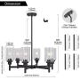 VINLUZ 6 Light Industrial Chandelier Black Pendant Lighting Hanging Fixture with Cylinder Clear Glass for Kitchen Bedroom Dining Room